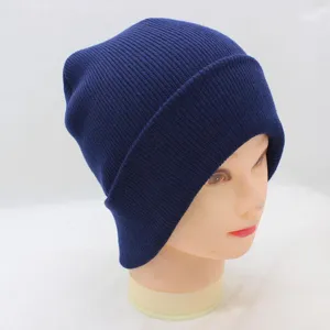 Dark blue knitted beanie hat for autumn and winter, warm solid color slouchy cap for daily wear.