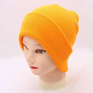 Bright yellow knitted beanie hat for autumn and winter, unisex plain casual warm wool cap.