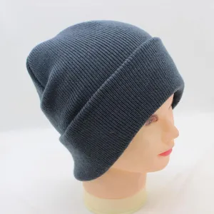 Dark grey ribbed knit beanie detail view, winter casual warm wool cap close up display.