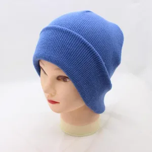 Blue knitted beanie cap for women and men, classic cuffed winter warm solid color woolen hat.