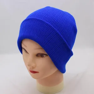 Close-up detail of blue knitted beanie hat, showing fine ribbed texture and warm winter style.