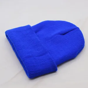 Solid color blue knitted beanie hat for men and women winter warm casual slouchy wool cap