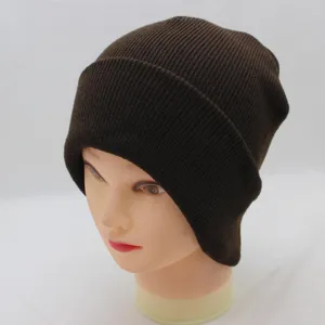 Detailed view of a dark brown knit beanie hat, cozy wool material for winter warm daily wear.