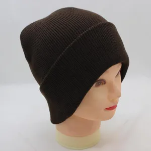 Close-up of a dark brown ribbed knitted beanie cap showing texture and fine stitches detail.