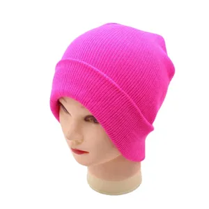 Neon pink knit beanie hat for women and men, solid color winter warm slouchy skull cap.