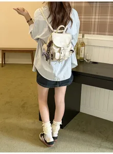Vintage style women backpack retro college casual campus pu leather school book bag cream white