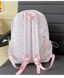 Cute floral backpack for women and students, sweet fabric school bag with pink rose print.