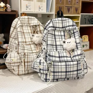 Korean style plaid backpack for students, large capacity casual school book bag with cute bear.