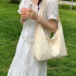 Women Canvas Shoulder Crossbody Bag Casual Floral Polka Dot Plaid Hobo Underarm Bag Daily Commuting Handbag