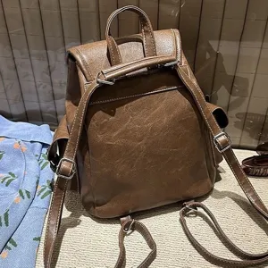 Vintage Brown PU Leather Backpack for Women Casual College Style Daily Commute School Bag