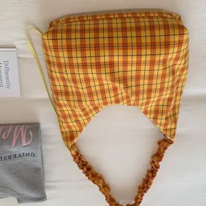 Yellow plaid hobo shoulder bag with scrunchie strap for women casual summer daily use