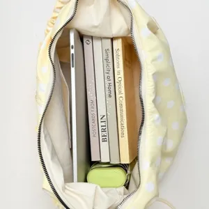 Lemon yellow polka dot crossbody bag for women, stylish underarm bag, summer casual travel tote.