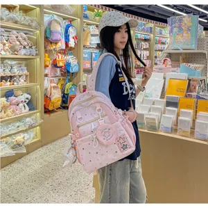 Detailed shot of a sweet pink star-patterned backpack worn in a shop, casual travel school bag.