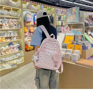 Pink star print casual backpack for women, cute Japanese style travel school bag with pouch.