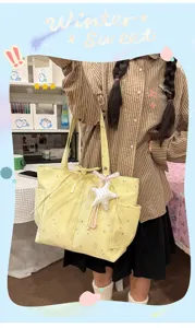 Chic yellow star print tote bag with cute star pendant for women daily casual commute stylish use.