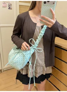 Sweet blue polka dot bow shoulder bag, trendy casual messenger bag for cute girls daily wear.