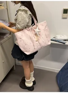 Pink tote bag for women, cute star moon print shoulder bag casual daily commuter bag