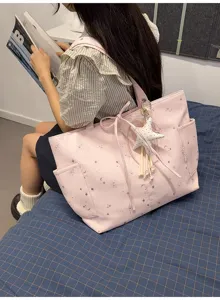 Pink tote bag for women daily commute shoulder bag with star pendant and multiple pockets.