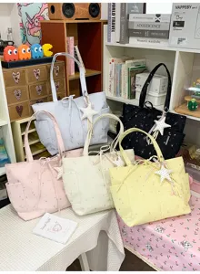 Women star print tote bag casual shoulder bag large capacity commute handbag yellow pink