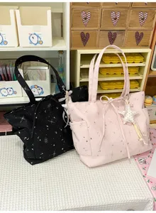 Stylish women celestial print tote bag with bow and star charm casual commuter shoulder bag
