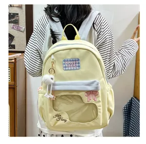 Light yellow cute student backpack with transparent window bow embroidery casual bookbag