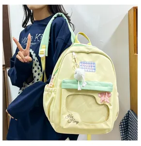 Low saturation yellow green casual school backpack with clear front pocket daily commuter