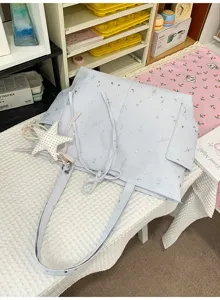 Light blue star print tote bag casual shoulder handbag stylish daily commute fashion purse for women
