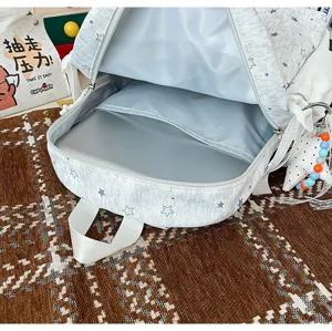 Light grey star print casual backpack, student school bag with spacious interior compartment.