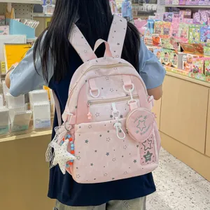 Casual Nylon Star Print Backpack For Women Lightweight School Bookbag Daily Travel Daypack With Cute Pendants