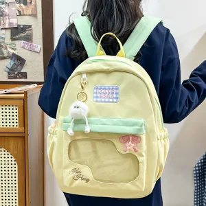 Sweet low-saturation yellow school backpack with transparent pocket cute student daypack