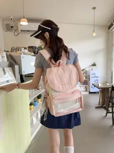 Cute pink and yellow canvas backpack with clear front pocket, lightweight daily casual daypack.