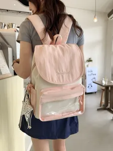 Sweet style pink and cream backpack with clear front pocket, casual daily travel school bag.