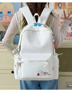 White casual backpack with floral print, lightweight school bag for students daily use.