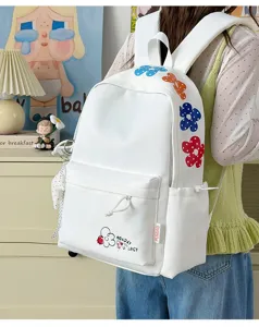 White casual backpack with colorful flower embroidery, lightweight student bookbag and daily daypack.