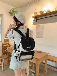 Casual canvas backpack with clear pocket stylish school bag for daily travel and shopping