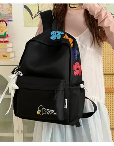 Stylish black backpack with colorful floral embroidery, casual daily school bag for students.