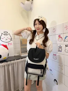 Casual black and white backpack with transparent front pocket, sweet style daily school bag.