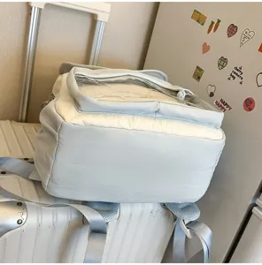 Detailed view of the cute light blue and cream Ita-backpack with a clear display window.