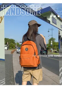 Stylish nylon casual backpack in bright orange, featuring spacious storage and side pockets.