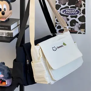 Japanese ins style canvas messenger bag for women, cute cat embroidery casual shoulder bag.