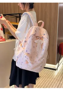 Zaino rosa stile coreano con stampa di stelle e grazioso fiocco in pizzo, grande zaino scolastico