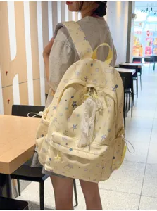 Zaino da studente stile coreano vista dettagliata, leggero capiente con stampa stelle.