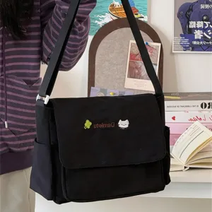 Black canvas student messenger bag, Japanese style cute crossbody shoulder bag with cat embroidery.
