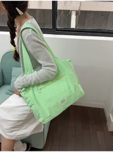 Casual lichtgroene shopper tas detail toont voorste zak met rits en stoffen label.