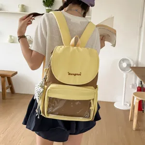 Sweet Girlish Nylon Casual Backpack Contrast Color Patchwork School Bag With Transparent Pocket For Women Daily Travel