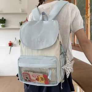Light blue and off-white casual backpack with clear front pocket, sweet style daypack for women.