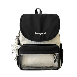 Black and white casual backpack with transparent front pocket and cute star pendant daily use