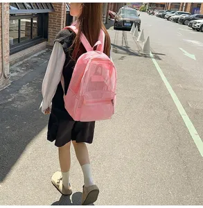 Sac à dos en filet rose pour les étudiants, grand sac d'école casual et quotidien.