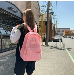 Sac à dos en filet rose pour femmes et hommes, grand sac décontracté pour voyage école.