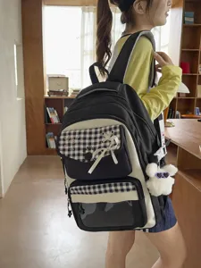 Student plaid double shoulder bag with cute bow and bear pendant for school and travel.